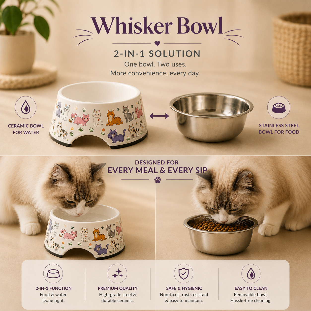 Whisker Bowl Stainless Steel & Melamine Cat Bowl
